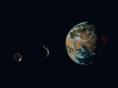 Ilustración de un artista que muestra dos asteroides próximos a la Tierra.