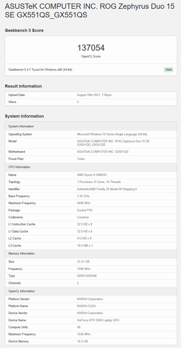 Asus ROG Zephyrus Duo 15 SE con Ryzen 9 5980HX y RTX 3080 - Puntuación de GPU OpenCL en Geekbench. (Fuente: Geekbench)