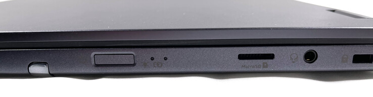 A la derecha: Stylus activo, botón de encendido con escáner de huellas dactilares integrado, LED de estado, lector de tarjetas MicroSD, conector de audio combinado de 3,5 mm, bloqueo Kensington