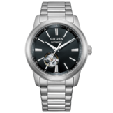 Reloj automático Citizen NH9150-52E con esfera negra, mecanismo a la vista, caja de acero inoxidable y brazalete cepillado de tres eslabones.