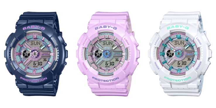 De izquierda a derecha: los relojes Casio G-Shock Baby-G BA-110MC-2A, BA-110MC-6A y BA-110MC-7A