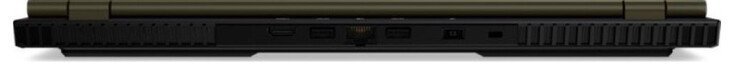 Parte trasera: puerto HDMI, puerto USB 3.2 Gen 2 (Tipo-A), puerto Gigabit Ethernet, puerto USB 3.2 Gen 2 (Tipo-A), toma de corriente, bloqueo Kensington