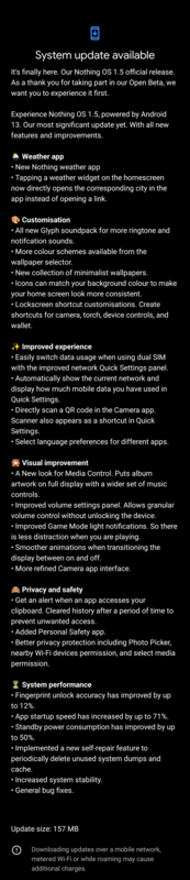 Lista de cambios de la actualización 1.5 de Nothing OS (imagen vía Reddit)