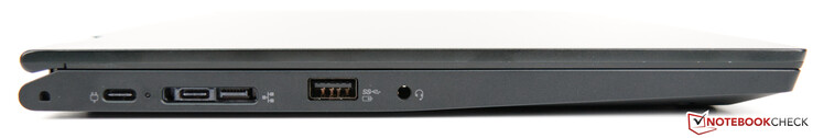 Izquierda: 2x USB-3.1 Gen1 Tipo-C, conector RJ45 a través del adaptador de extensión Ethernet ThinkPad opcional, USB-3.1 Tipo-A, combo-audio