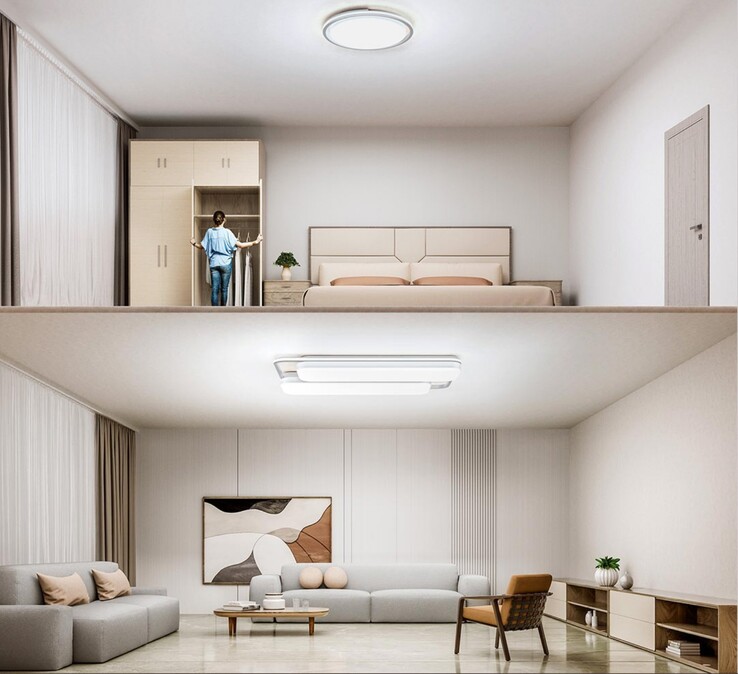 La Xiaomi Mijia Smart Ceiling Light Pro para el dormitorio (arriba) y el salón (abajo). (Fuente de la imagen: Xiaomi)