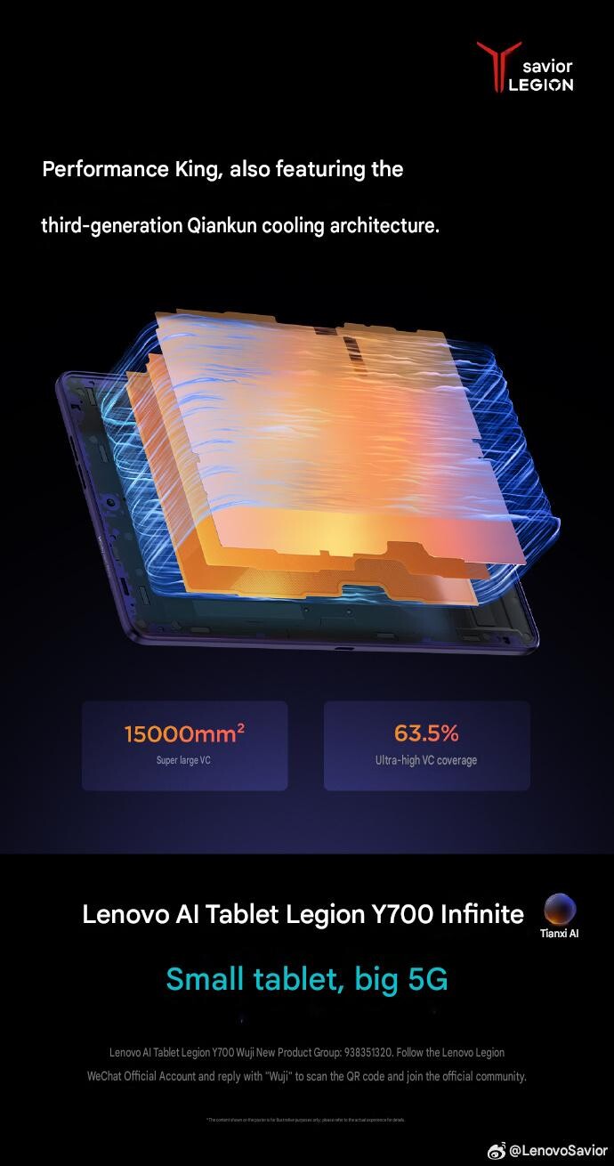 Imagen oficial de Lenovo en la que destaca el sistema de refrigeración Qiankun de tercera generación del Legion Y700 Infinite, que cuenta con una cámara de vapor de 15 000 mm² con una cobertura del 63,5 % en el interior de esta compacta tableta para juegos.