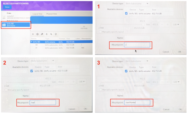 Al igual que antes, cree 3 subvolúmenes btrfs adicionales - de nuevo, asegurándose de que lo hace exactamente bien. (Fuente de la imagen: Notebookcheck)