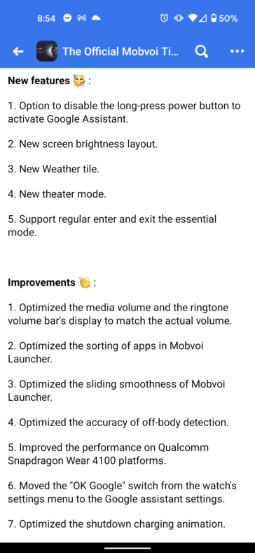 Registro de cambios de la actualización de TicWatch Pro 3 (imagen vía Reddit)