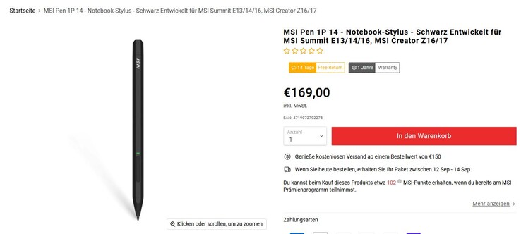 El MSI Pen 1P 14 cuesta la friolera de 169 euros más (captura de pantalla del sitio web de MSI)