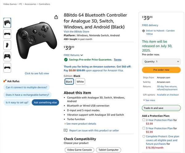 El controlador 8BitDo 64 ya tiene fecha de lanzamiento: julio. (Fuente de la imagen: Amazon)