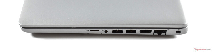 Derecha: microSD, ranura SIM, 2x USB-A 3.0, HDMI, RJ45 Ethernet, Noble lock