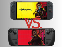 La Switch 2 y la Steam Deck fotografiadas con ilustraciones de Cyberpunk 2077 (Fuente de las imágenes: Nintendo of America, Valve, Steam con ediciones)