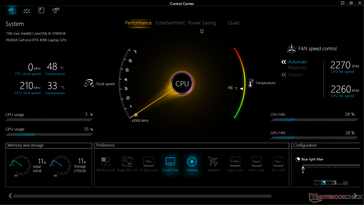 Pantalla de inicio del Centro de Control. Observa los cuatro ajustes de energía: Rendimiento, Entretenimiento, Ahorro de energía y Silencio