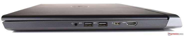 derecha: conector de audio de 3.5 mm, 2x USB 3.1, USB Type-C + Thunderbolt 3, HDMI 2.0