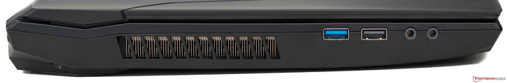 Lado izquierdo: ventilación del ventilador, USB 3.1 Gen 2, USB 2.0, entrada de audio (micrófono), salida de audio (auriculares)
