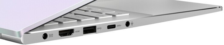 Lado izquierdo: fuente de alimentación, HDMI, 1x USB 3.2 Gen 1 Tipo-A, 1x USB 3.2 Gen 1 Tipo-C, conexión para auriculares de 3,5 mm