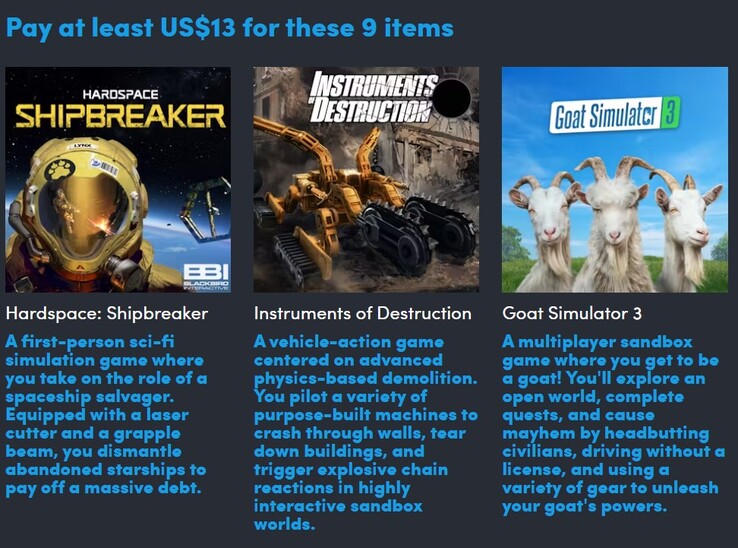 Carteles y descripciones de los juegos. Pagando 13 dólares obtendrá los 9 juegos (Fuente de la imagen: Humble Bundle)
