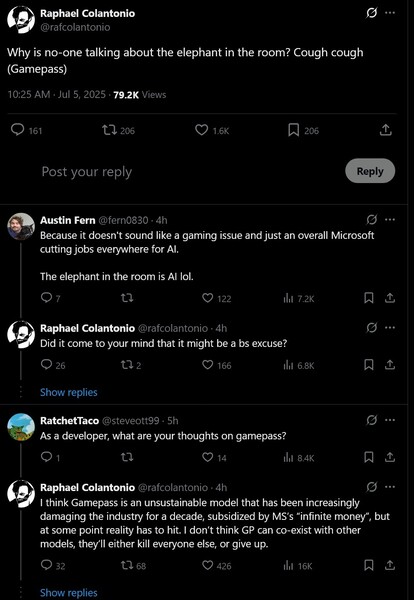 Raphael Colantonio comenta el impacto de Xbox Game Pass en la pérdida de empleos en Microsoft (Fuente de la imagen: captura de pantalla, cuenta X de Raphael Colantonio)