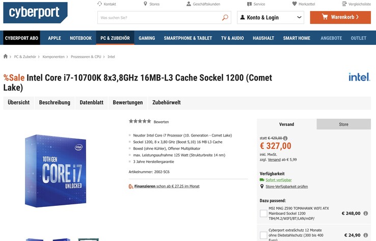 Ahora mismo el Intel Core i7-10700K cuesta menos que el Ryzen 5 5600X en cyberport.de