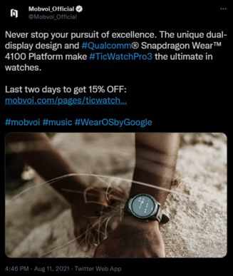 También tuiteó que el TicWatch Pro 3 tiene el Wear 4100 en agosto. (Fuente de la imagen: Twitter)