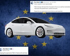 Tesla con la bandera de la UE y comentarios de X de fondo