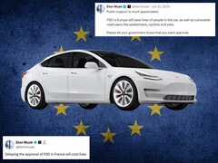 Tesla con la bandera de la UE y comentarios de X de fondo