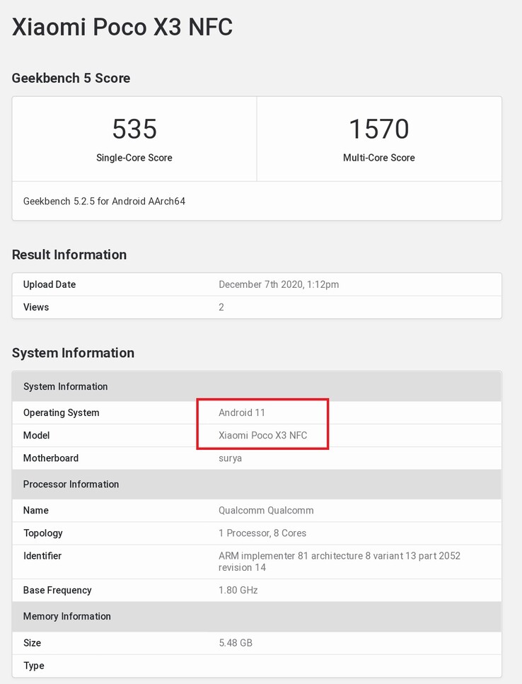 POCO X3 NFC con Android 11. (Fuente de la imagen: Geekbench vía @yabhishekhd)