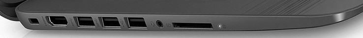 Izquierda: bloqueo, HDMI, 2x USB 3.0, 1x USB 2.0, conector de audio combinado, lector de tarjetas SD