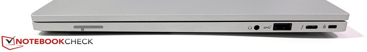 Lado derecho: Estéreo de 3.5 mm, USB-A (3.2 Gen.2), USB-C (Thunderbolt 4, DisplayPort Alt 1.4, cargando), NanoSaver de Kensington