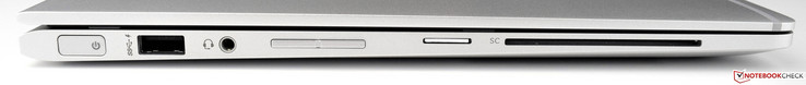 izquierda: encendido, USB 3.1 Gen 1 (carga), clavija estéreo combinada, subida/bajada volumen, WWAN SIM, lector smart-card