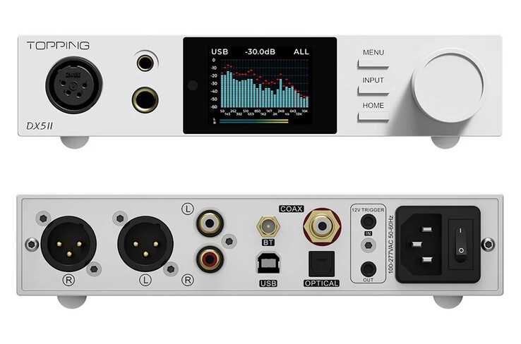 El DAC Topping DX5 II dispone de tomas de auriculares de 3,5 mm, 4,4 mm, 6,4 mm y XLR, conectores de altavoz RCA y puertos de entrada SPDIF y USB. (Fuente de la imagen: Topping)