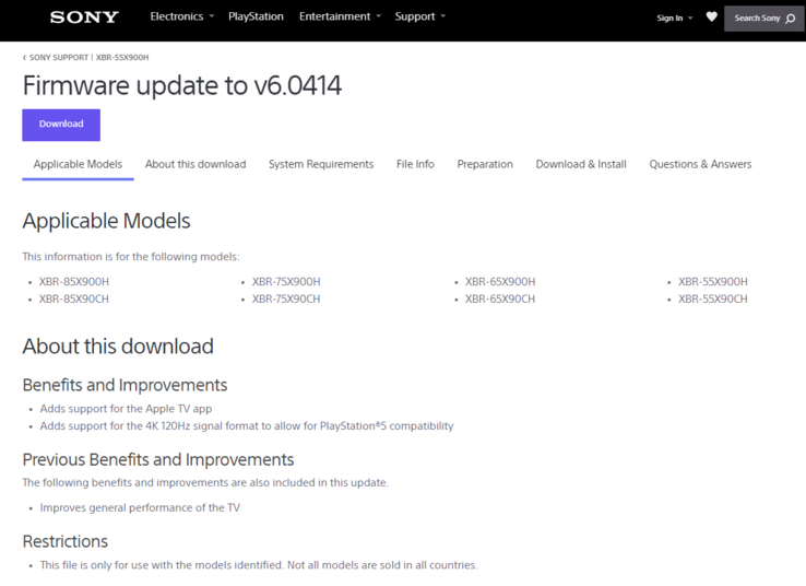 El firmware v6.0414 afirma que arregla los problemas de 4K/120 Hz. (Fuente de la imagen: Sony)