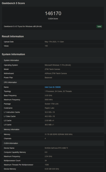 Nvidia GeForce RTX 4060 Ti Geekbench (imagen vía Geekbench)