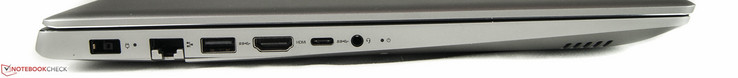 Lado izquierdo: Conector de alimentación, Ethernet RJ45, 1 x USB 3.0 Tipo A, HDMI, USB 3.0 Tipo C, toma de 3.5 mm, LED de estado