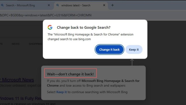 Chrome sugiere volver a la Búsqueda de Google, mientras que la extensión de Microsoft insta a los usuarios a seguir utilizando Bing.
