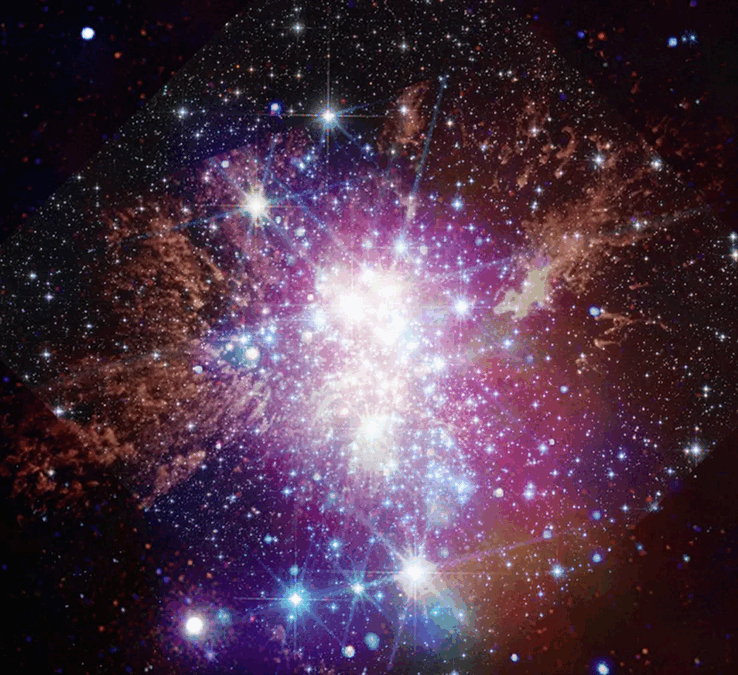 La imagen de Westerlund 1 captada por JWST, Hubble y Chandra (Fuente de la imagen: varias - ver fuentes)