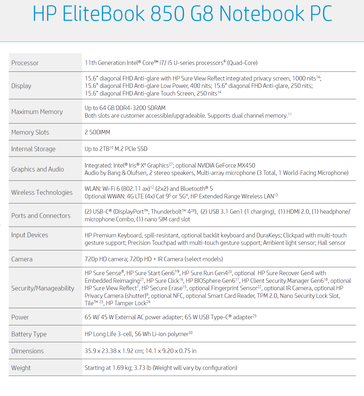 HP EliteBook 850 G8 - Especificaciones. (Fuente de la imagen: HP)