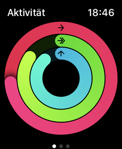 Tres anillos de actividad para movimientos (rojo), entrenamientos (verde) y bipedestación (azul).