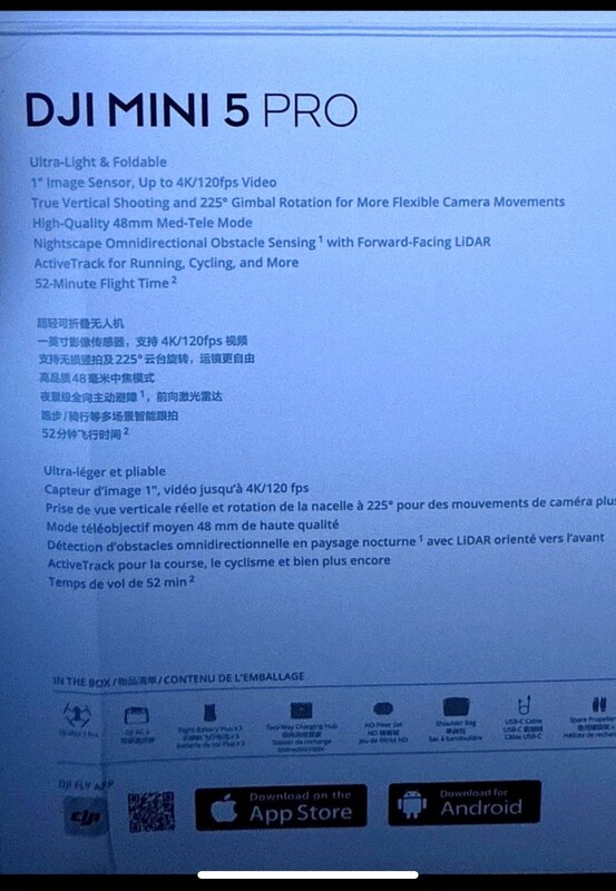 La parte trasera de un DJI Mini 5 Pro Fly More Plus Combo confirma 52 minutos de tiempo de vuelo. (Fuente de la imagen: Reddit)