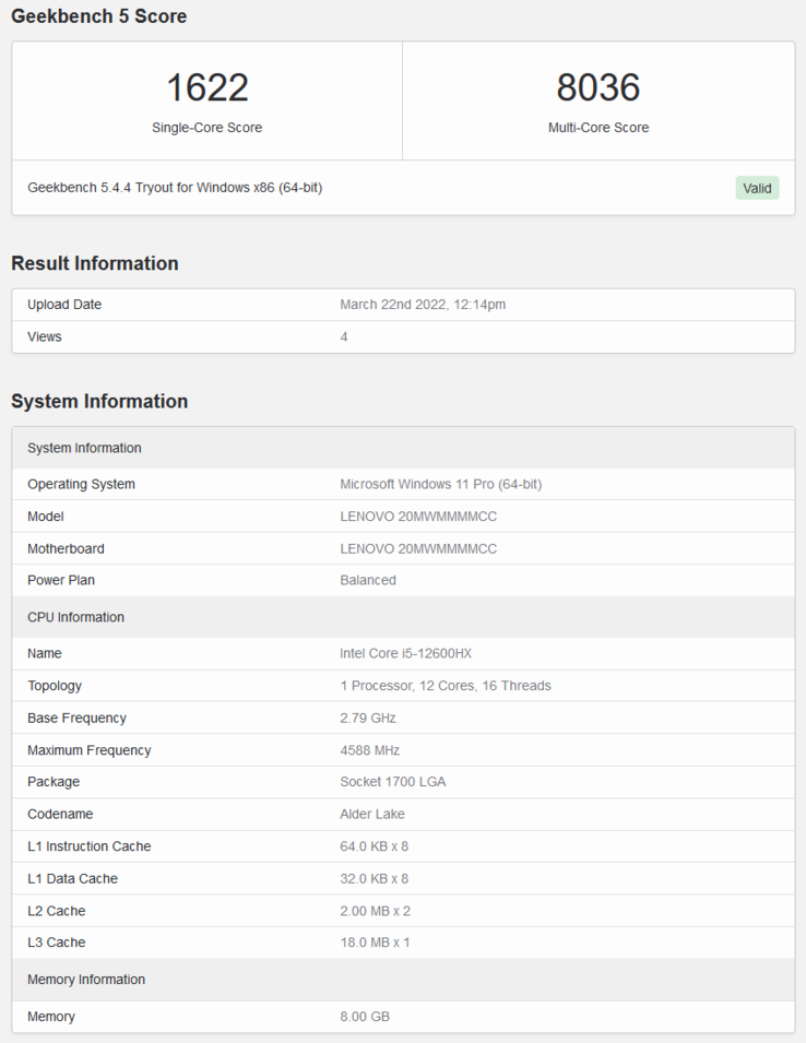 Puntuación de Intel Core i5-12600HX en Geekbench (imagen vía Geekbench)