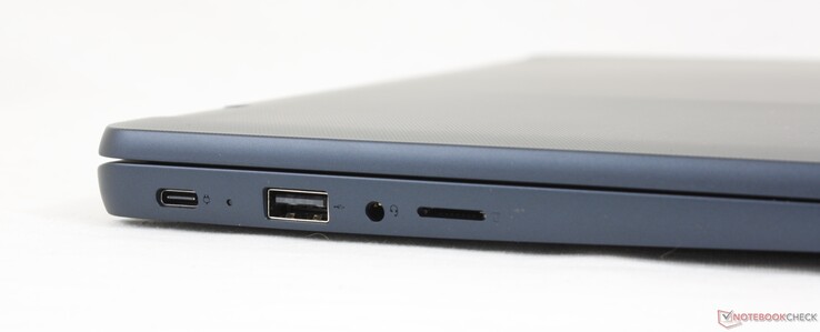Izquierda: USB-C 2.0 (Power Delivery + DisplayPort 1.1), USB-A 2.0, auriculares de 3,5 mm, lector MicroSD