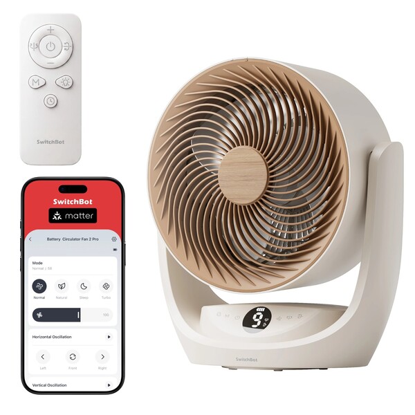El ventilador SwitchBot Battery Circulator Fan 2 Pro cuenta con mando a distancia, controles integrados en el propio dispositivo y es compatible con Matter.
