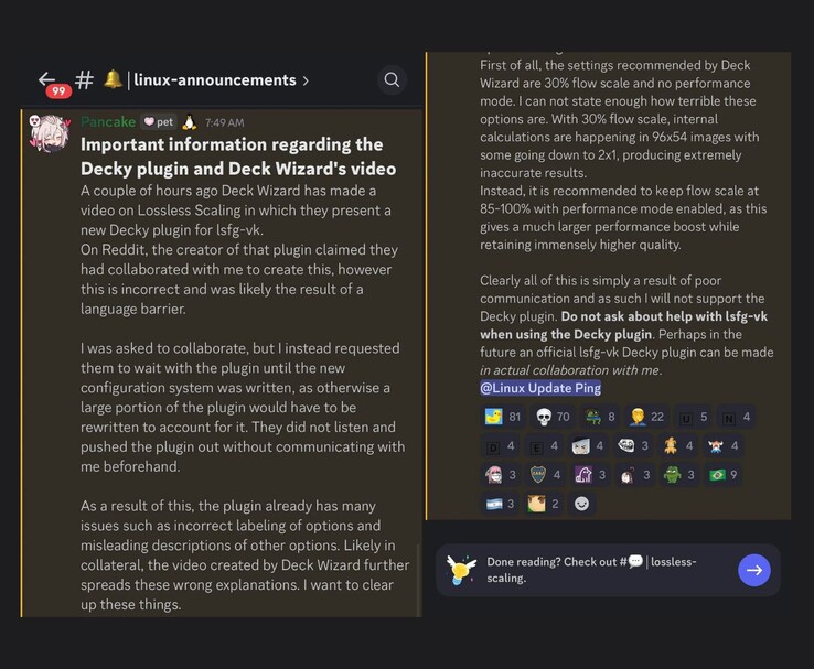 Un anuncio en Discord de PancakeTAS aclarando que no participaron en la creación del complemento Decky para LSFG-VK, criticando la configuración por defecto utilizada en el complemento y afirmando que no proporcionarán soporte para el mismo. (Fuente de la imagen: Discord/@PancakeTAS)