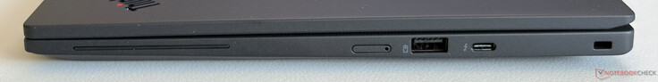 Lado derecho: ranura para tarjeta Nano-SIM, USB-A 3.2 Gen. 2 (5 Gbps, con alimentación), USB-C 4.0 con Thunderbolt 4 (40 Gbps, DisplayPort 2.1, Power Delivery), ranura de seguridad Kensington Nano