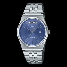 Reloj Casio MTP-B146D-2AV de acero inoxidable con esfera azul claro con efecto rayos de sol, brazalete plateado, indicador del día a las 12 en punto y ventana de fecha a las 3 en punto.