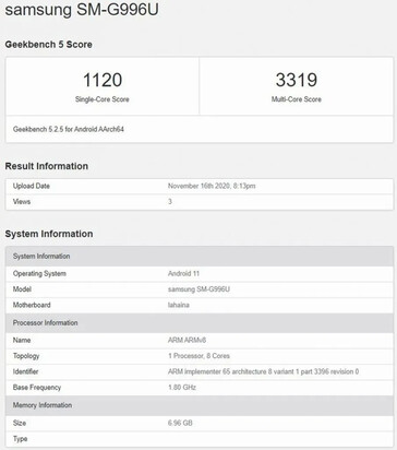 El "S21 de potencia 875" en Geekbench. (Fuente: Geekbench 5 a través de MySmartPrice)