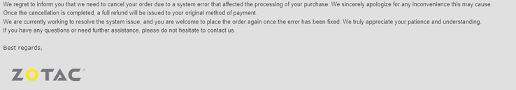 Correo electrónico enviado a los clientes por ZOTAC. (Fuente de la imagen: Reddit) 