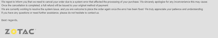 Correo electrónico enviado a los clientes por ZOTAC. (Fuente de la imagen: Reddit) 