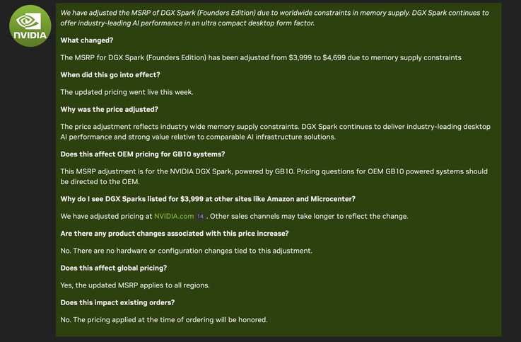 Nvidia actualiza los precios de su mini PC estación de trabajo DGX Spark.