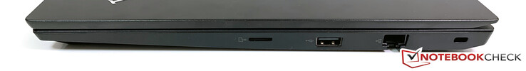 Derecha: lector microSD, USB 2.0, Gigabit Ethernet, posibilidad de bloqueo de seguridad
